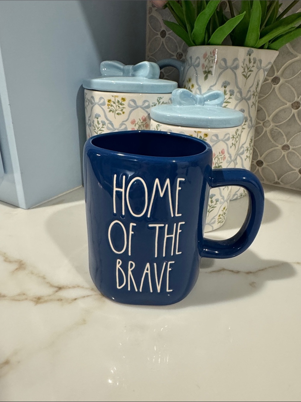 Rae Dunn Home of the Brave Blue Ceramic Mug - Classic Coffee Cup